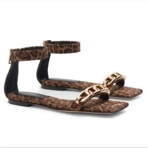 Good American Flat Sandal Sz 7.5 Pale Leopard Leather Zip Ankle Strap Square Toe